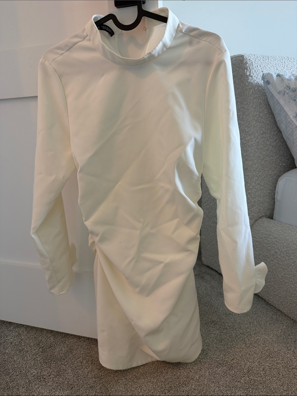 Zara Cream Long-Sleeve Ruched Mini Dress